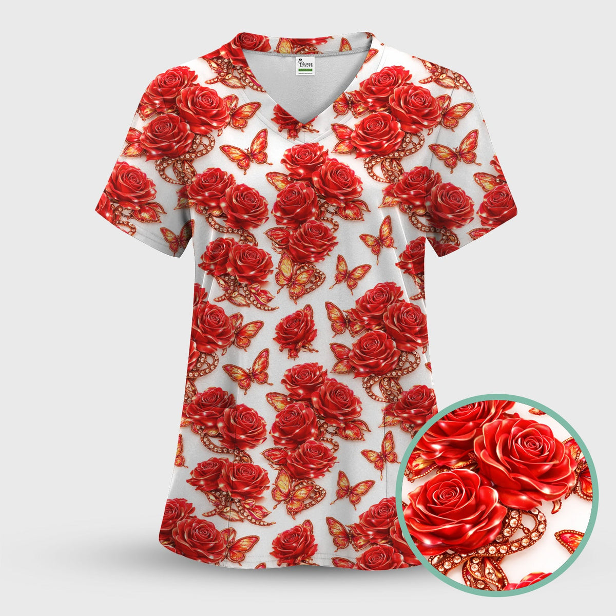 Red Rose And Butterfly Nurse Scrub Top