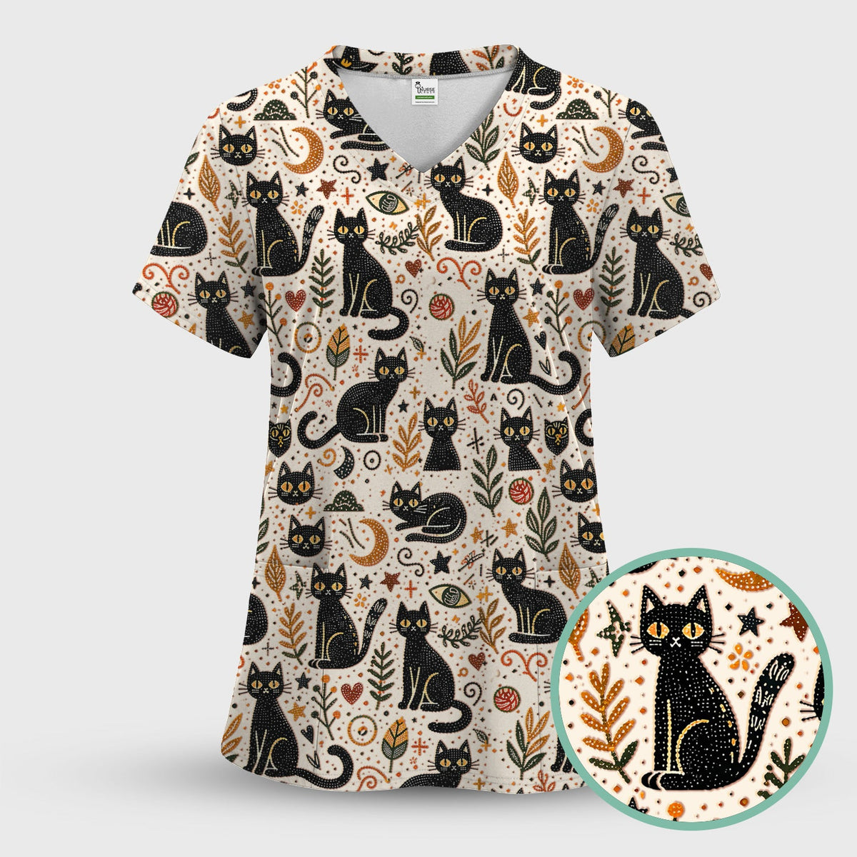 Mystic Black Cat Celestial Nurse Scrub Set