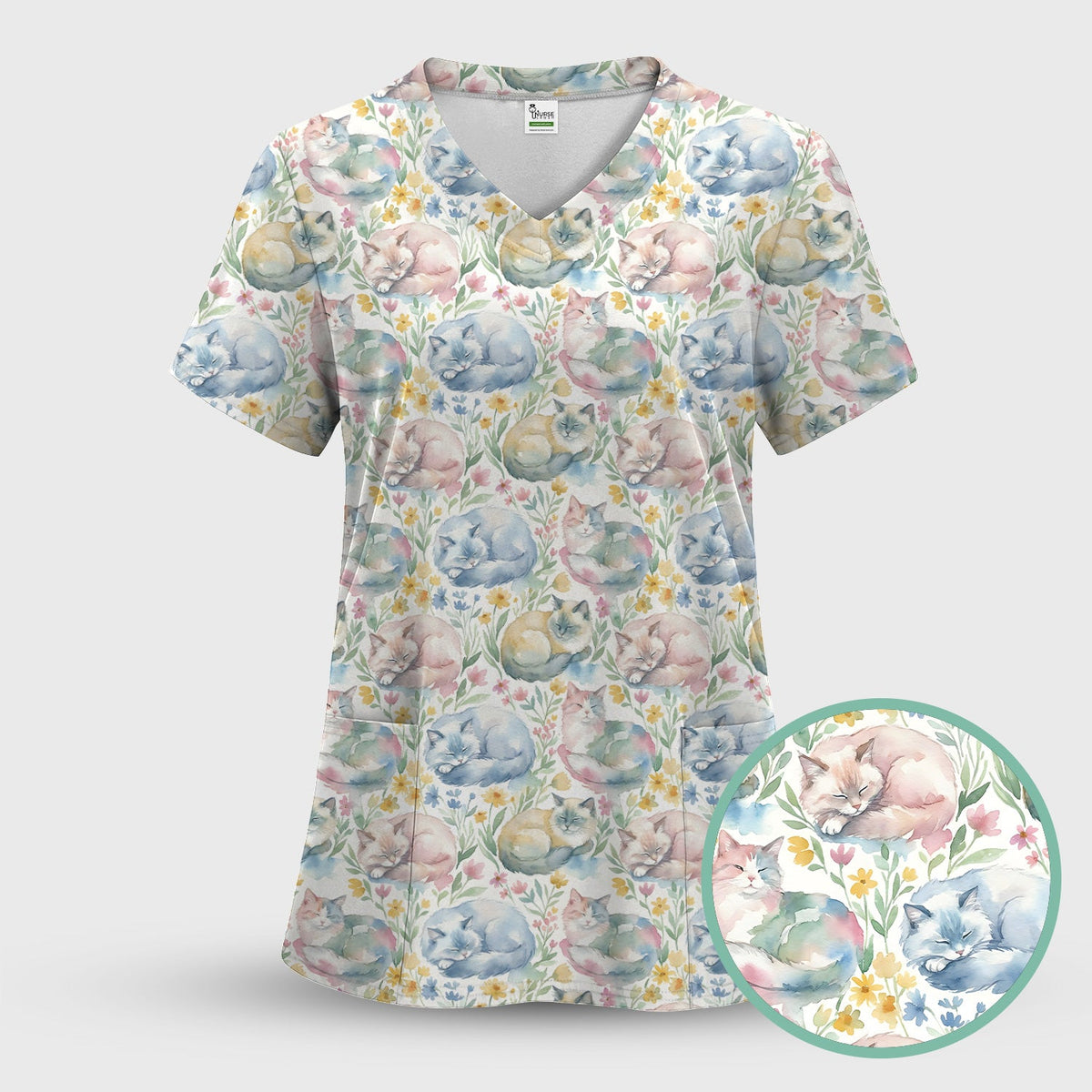 Dreamy Sleeping Cat Floral Nurse Scrub Set