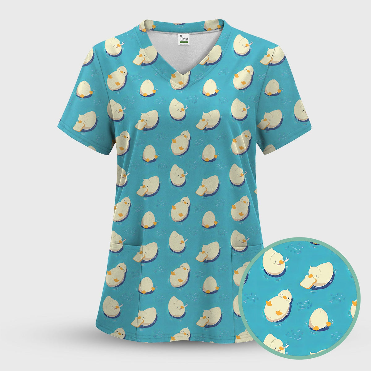Cute Blue Duck Pond Nurse Scrub Top