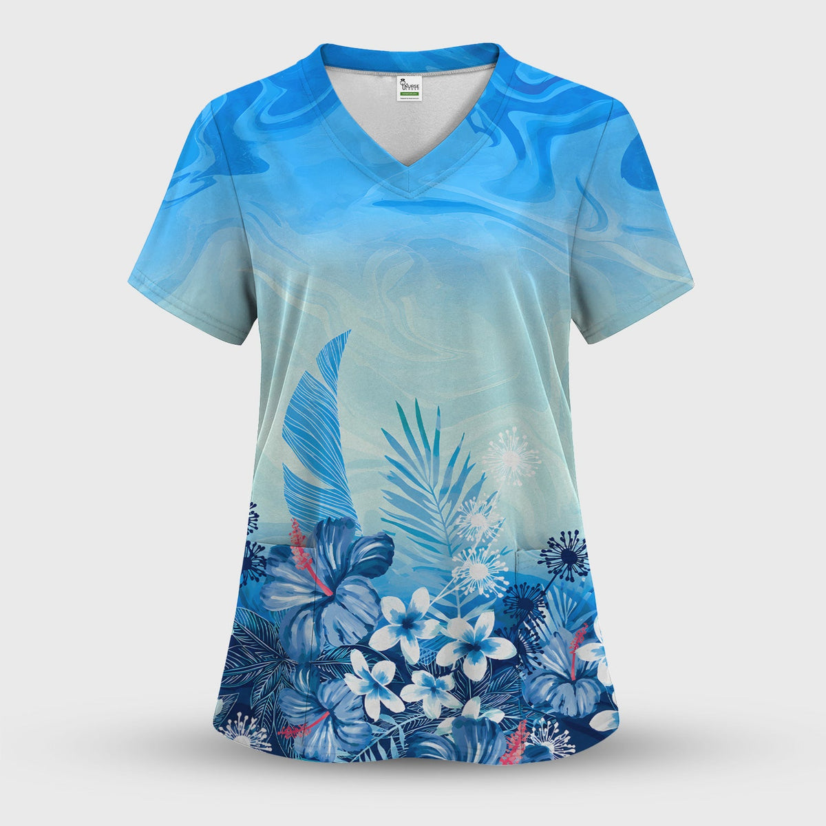 Elegant Blue Tropical Floral Nurse Scrub Set