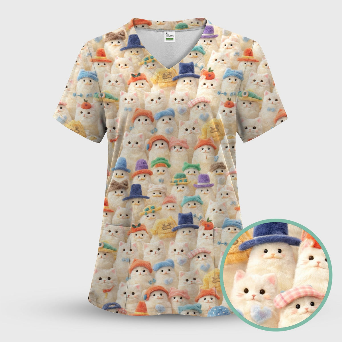 Adorable Cats Wearing Colorful Hats Nurse Scrub Top