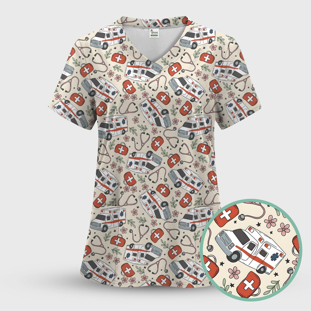 Ambulance Stethoscope First Aid Floral Nurse Scrub Set
