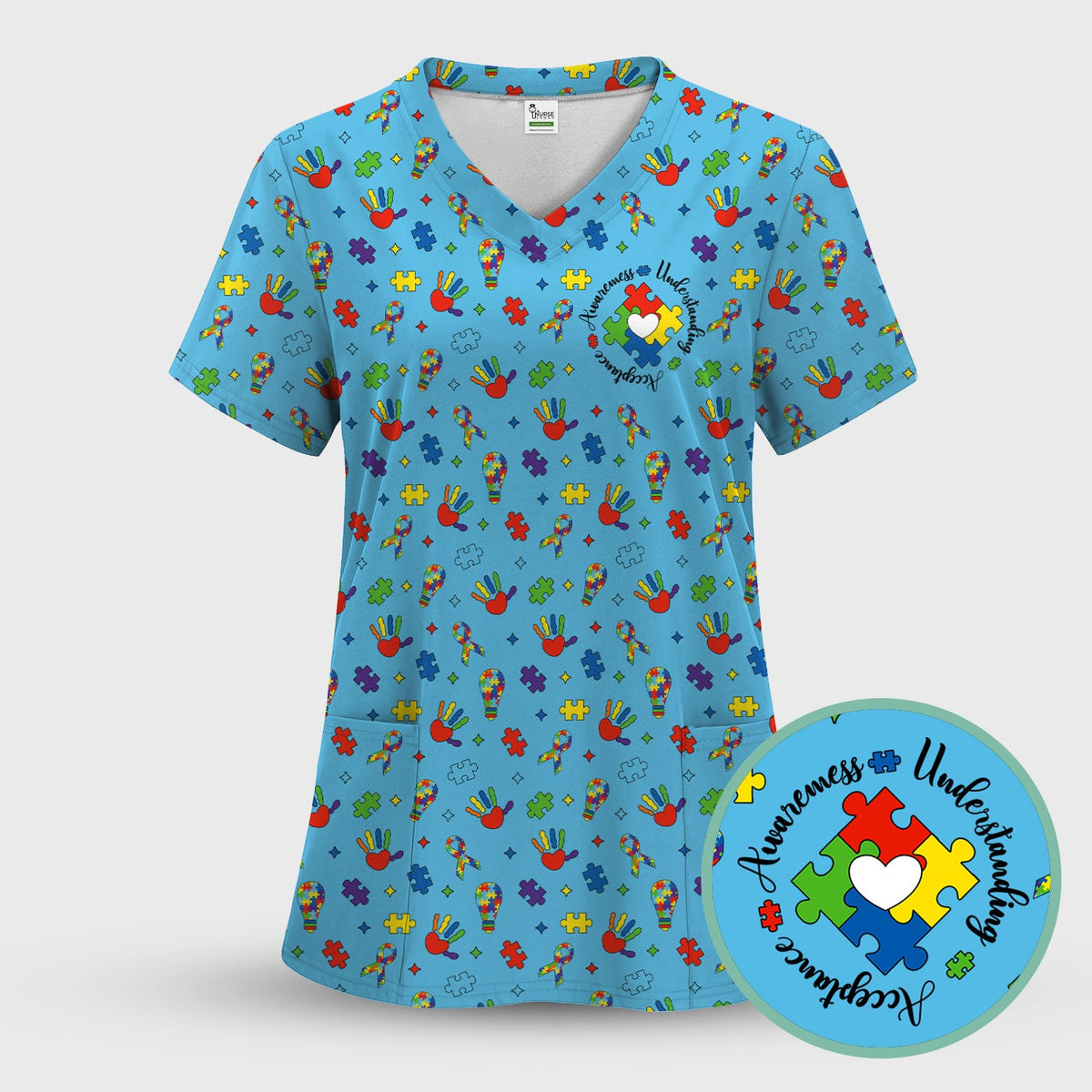 Autism Awareness Colorful Puzzle Nurse Scrub Set