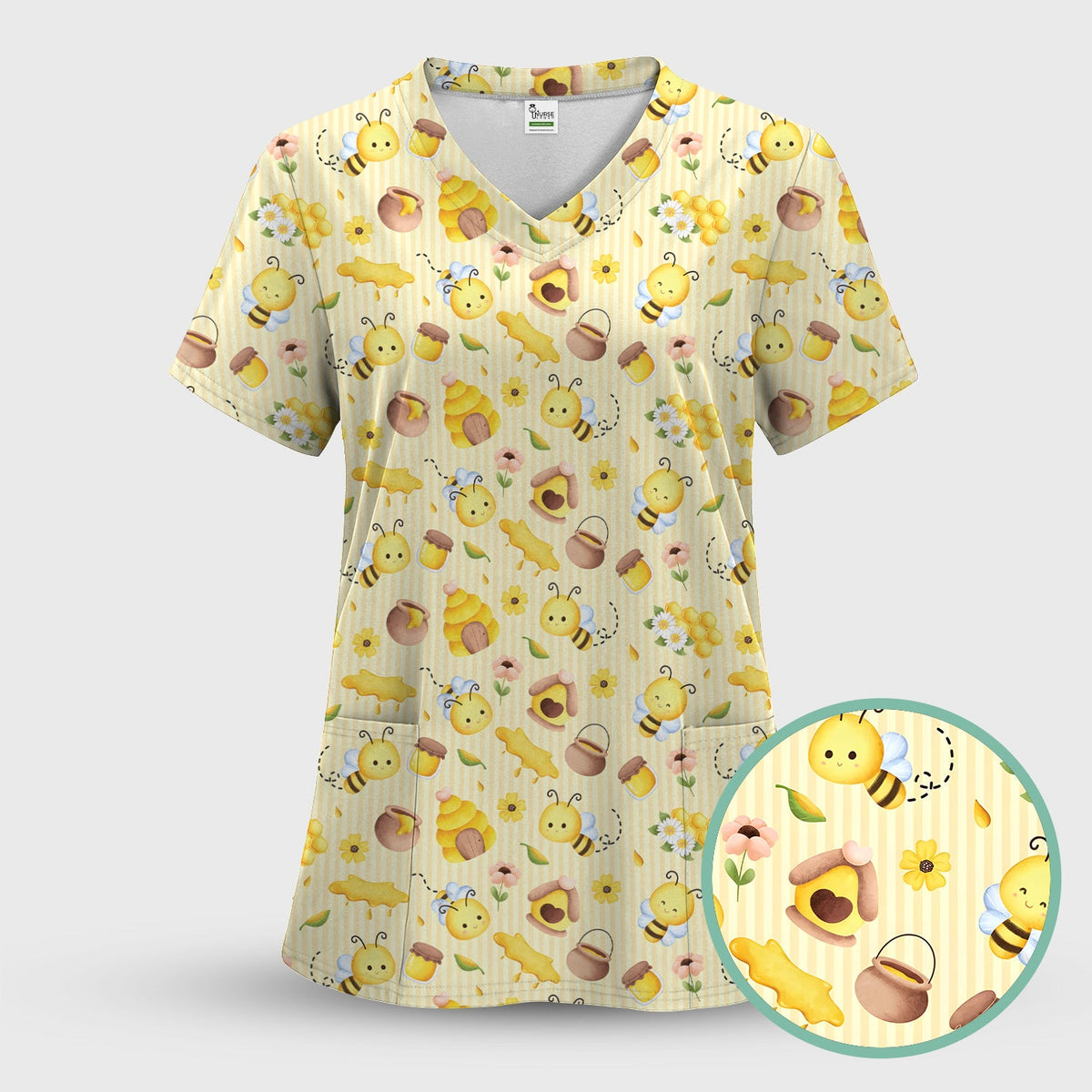 Cute Bee Honey Flower Stripe Nurse Scrub Set