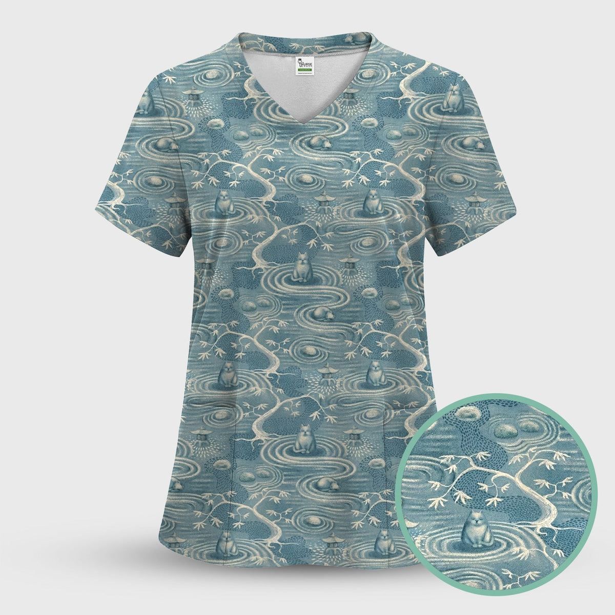Zen Cat Water Garden Nurse Scrub Top