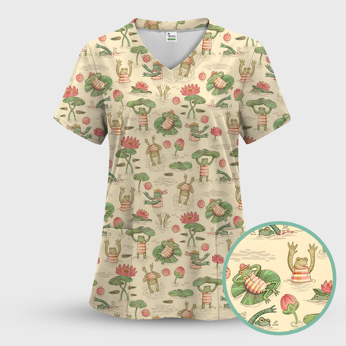 Frogs Swimming Lily Pond Nurse Scrub Set