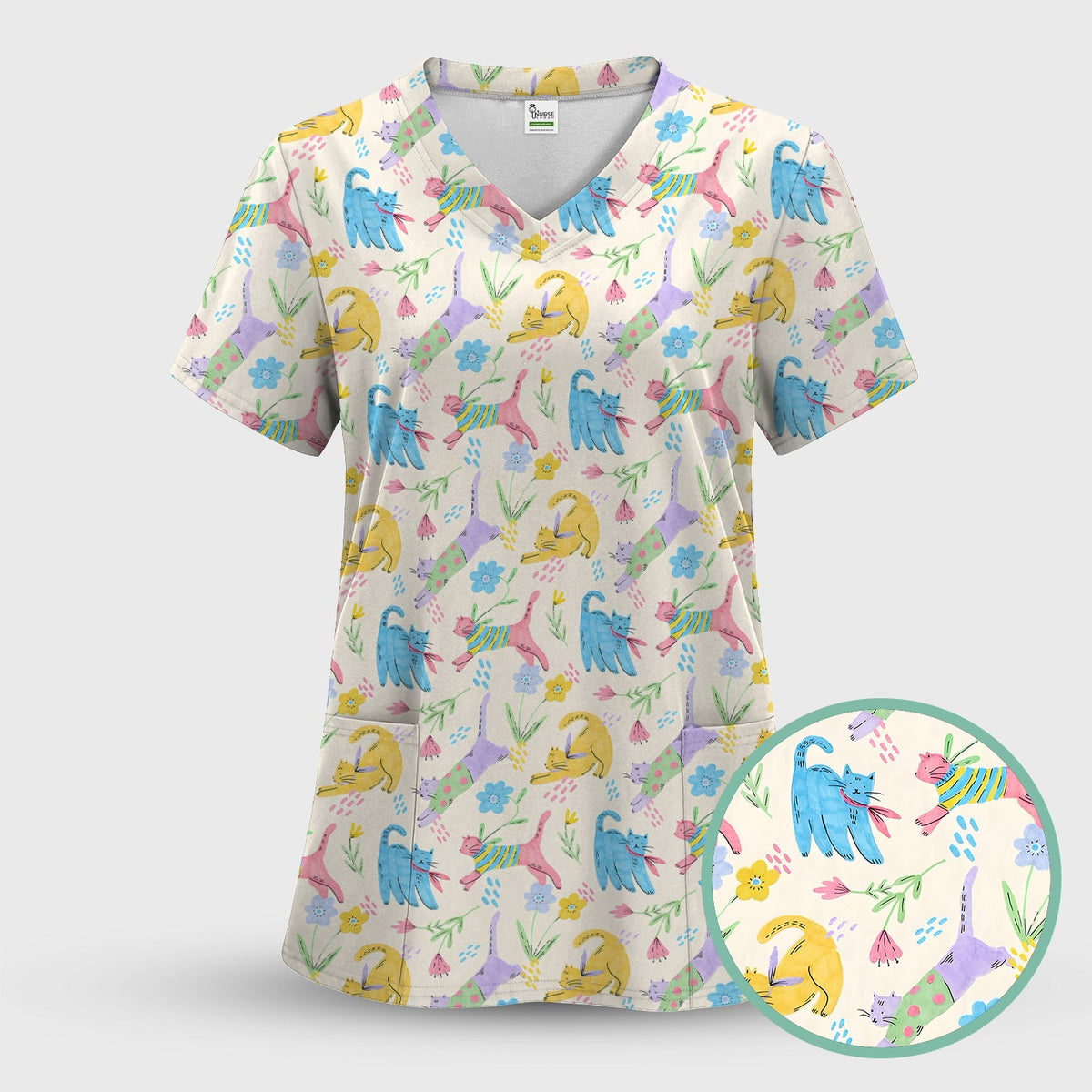 Colorful Cat Floral Nurse Scrub Set