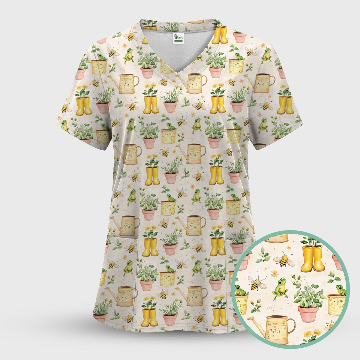 Frog And Bee Garden Nurse Scrub Top