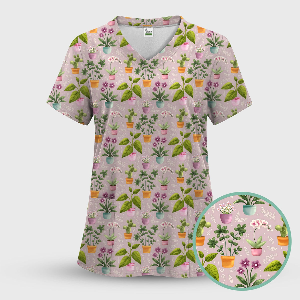 Potted Orchid Cactus Nurse Scrub Top