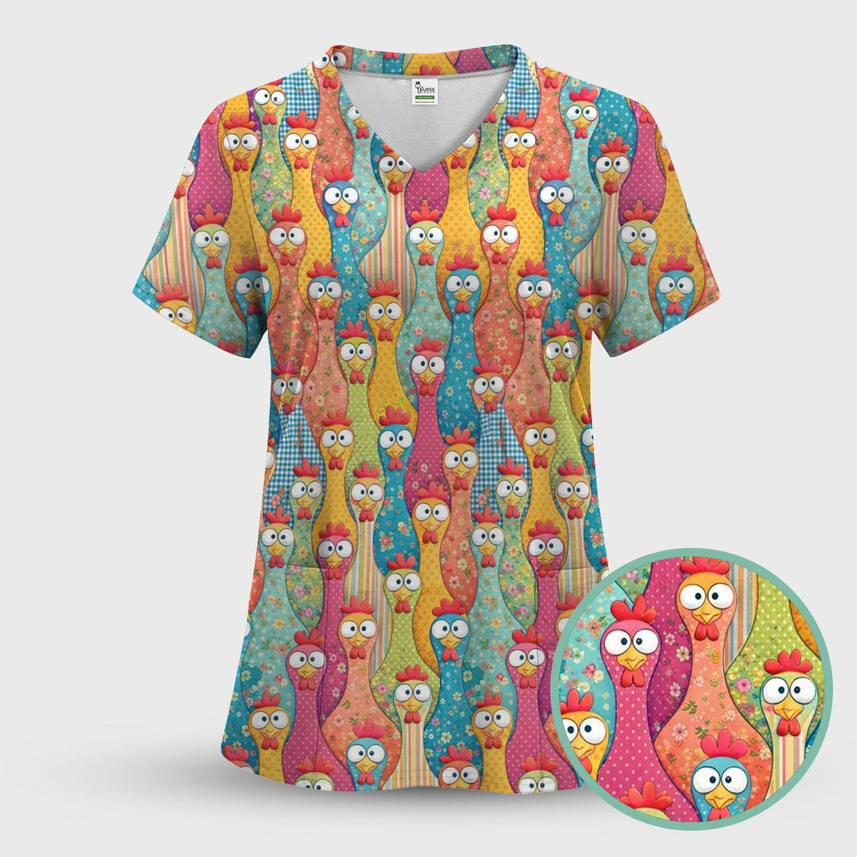 Funny Farm Chicken Cartoon Pattern Scrub Top, Comfortable Scrubs for Nurses