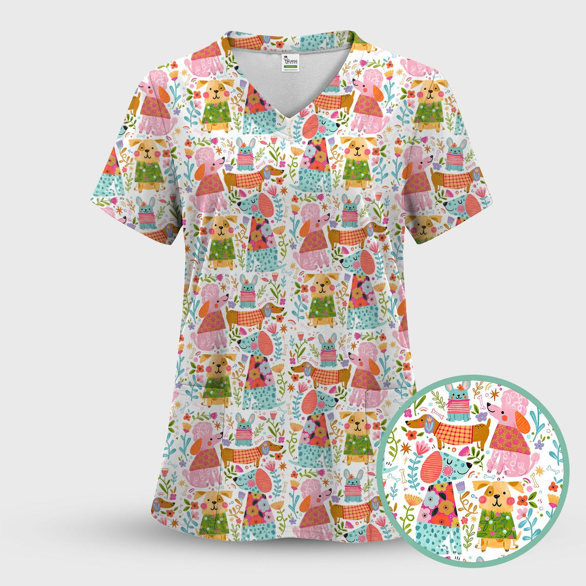 Colorful Dog Floral Nurse Scrub Top