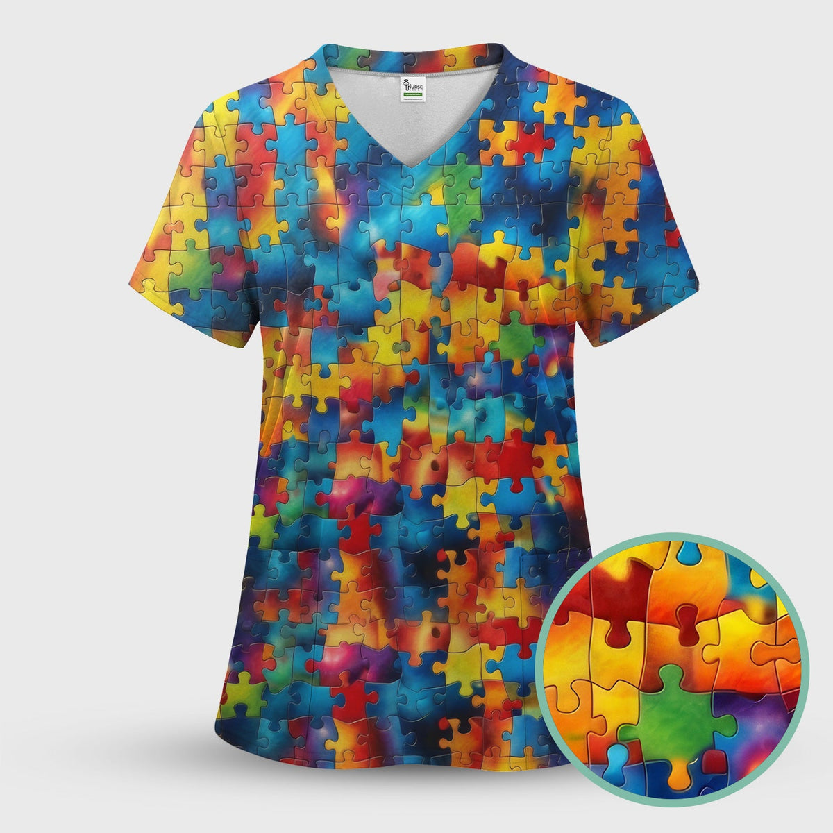 Rainbow Puzzle Piece Nurse Scrub Top