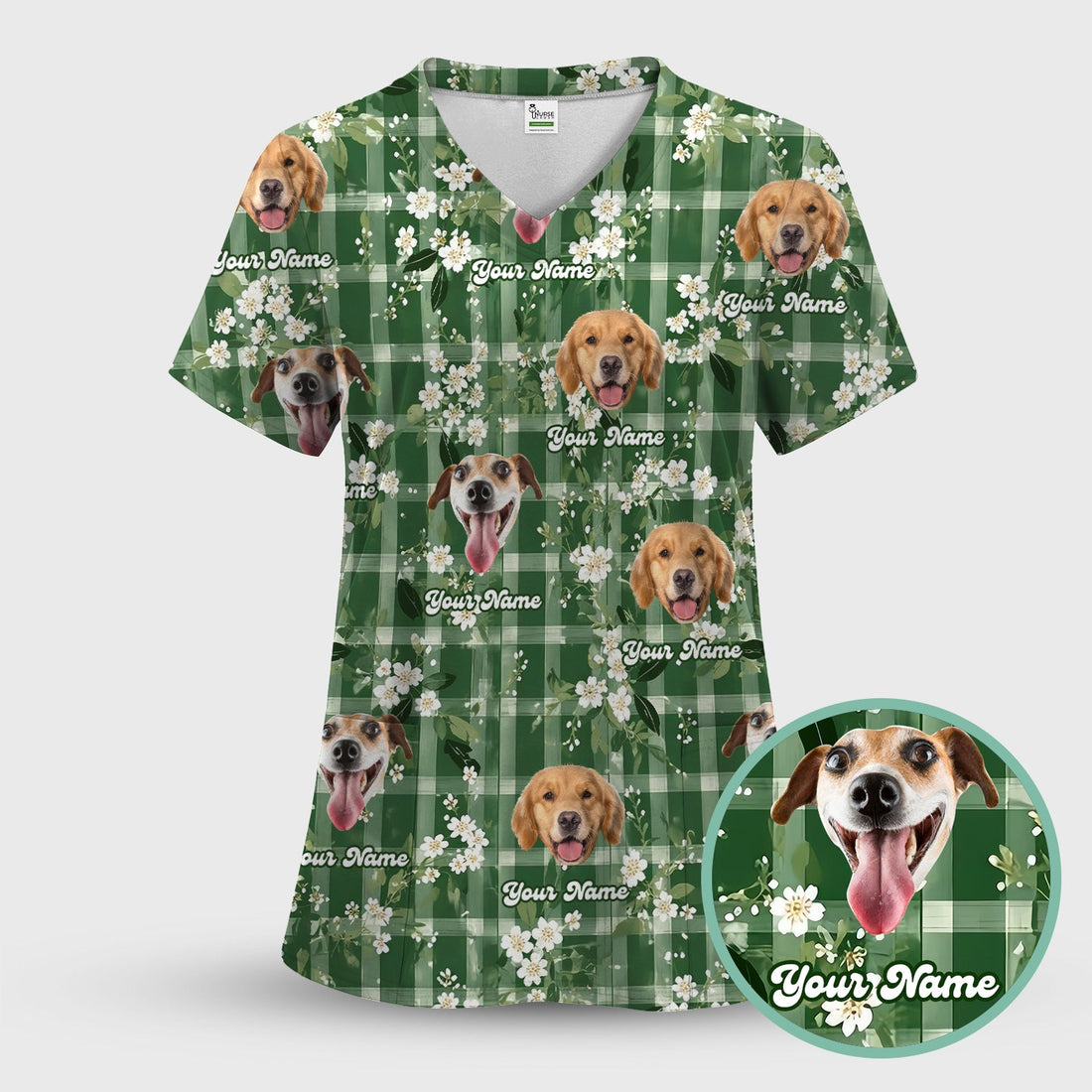 Dog Face Green Plaid Floral Nurse Scrub Top
