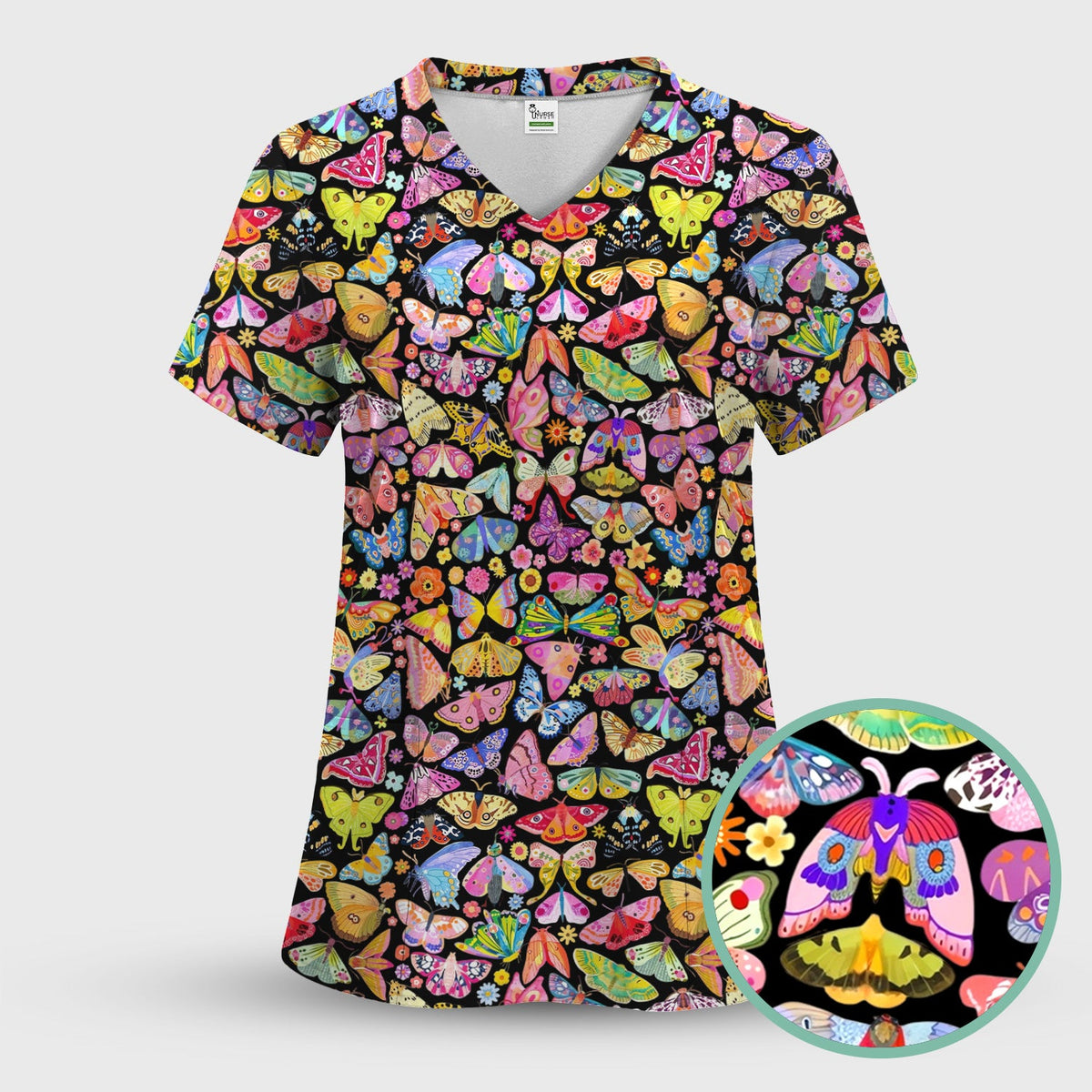 Cute Bright Butterfly Moth Floral Nurse Scrub Top