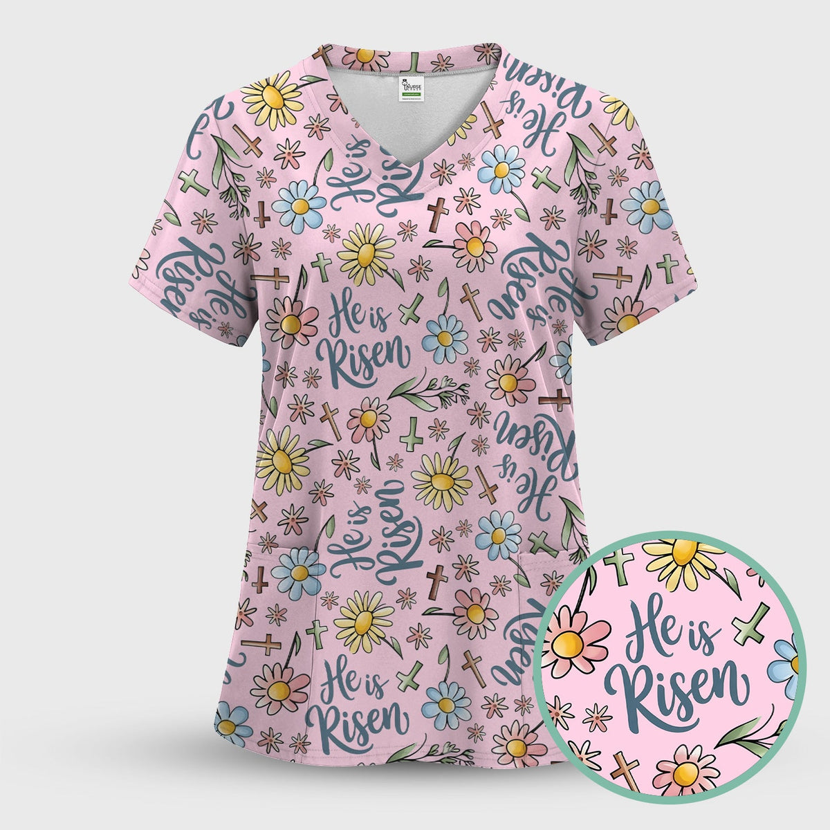 Risen Cross Flower Nurse Scrub Top - Easter Gift