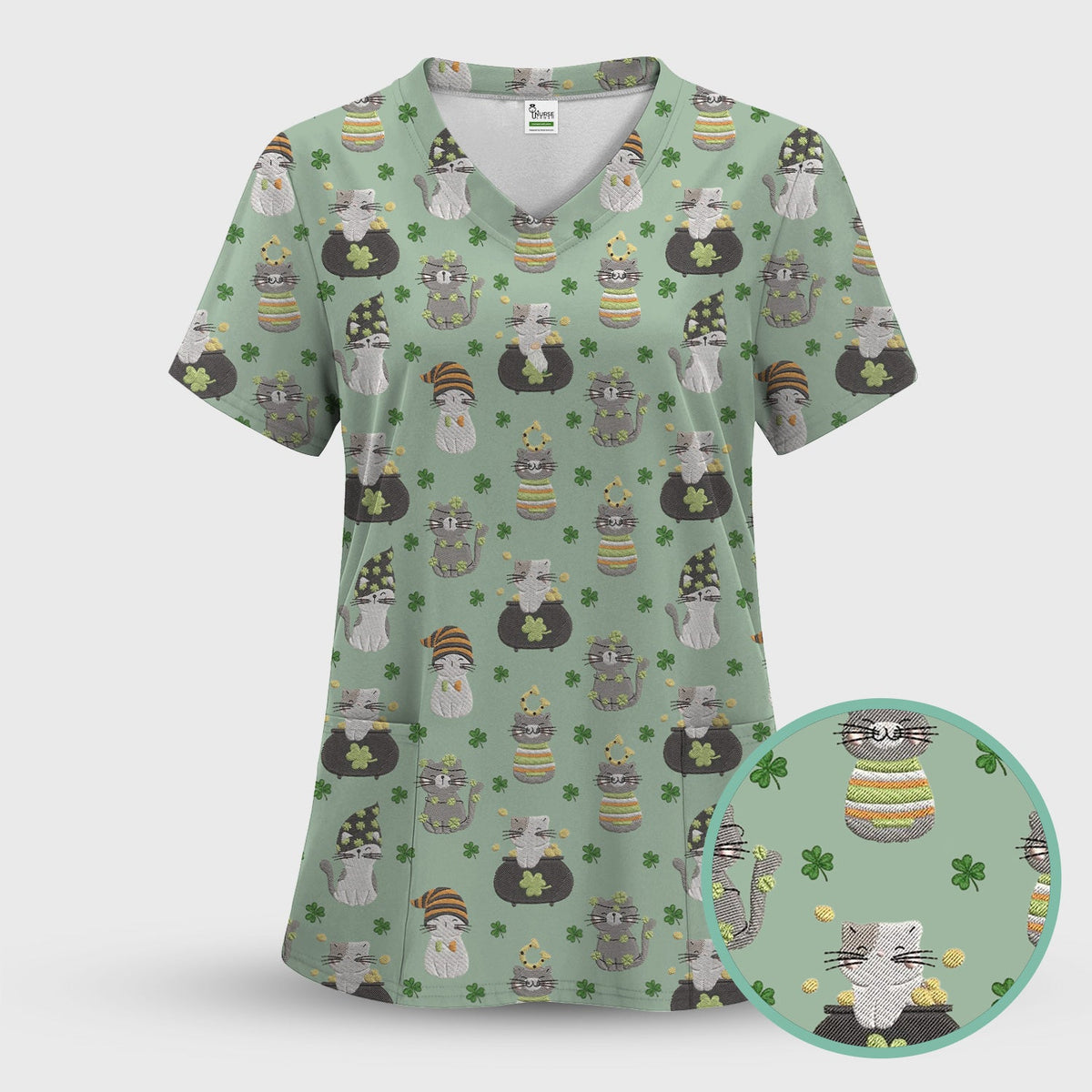 St Patrick Lucky Cat Shamrock Nurse Scrub Set