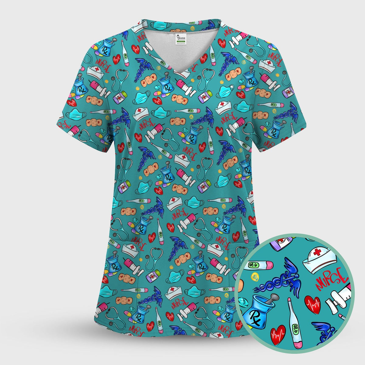 Nurse Medical Icons Stethoscope Heart Pattern Scrub Top, Comfortable Scrubs for Nurses
