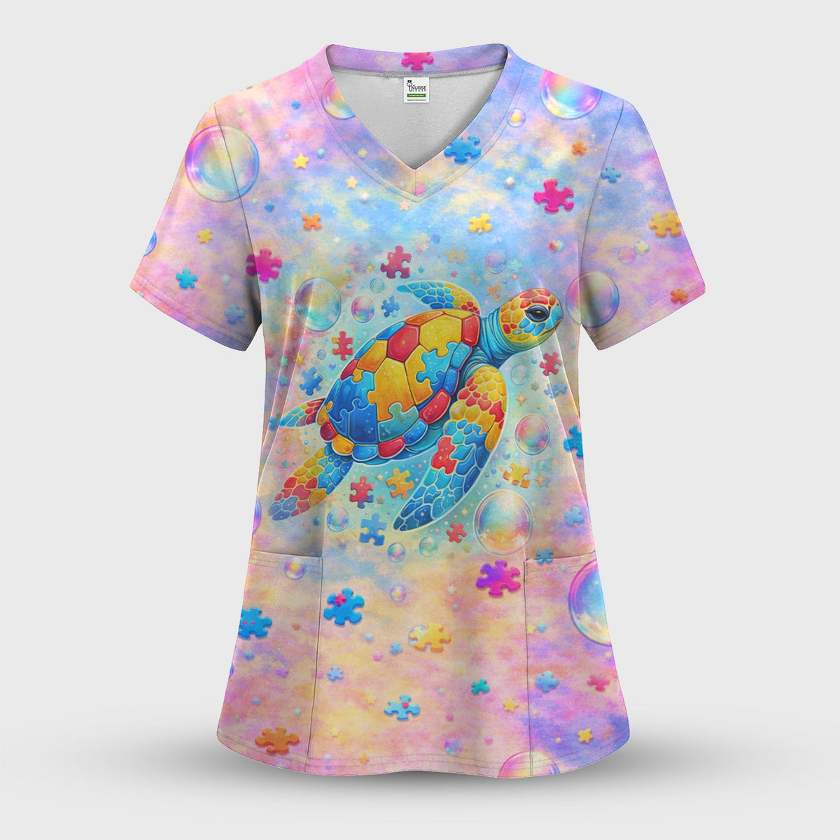 Autism Puzzle Sea Turtle Pastel Rainbow Nurse Scrub Set