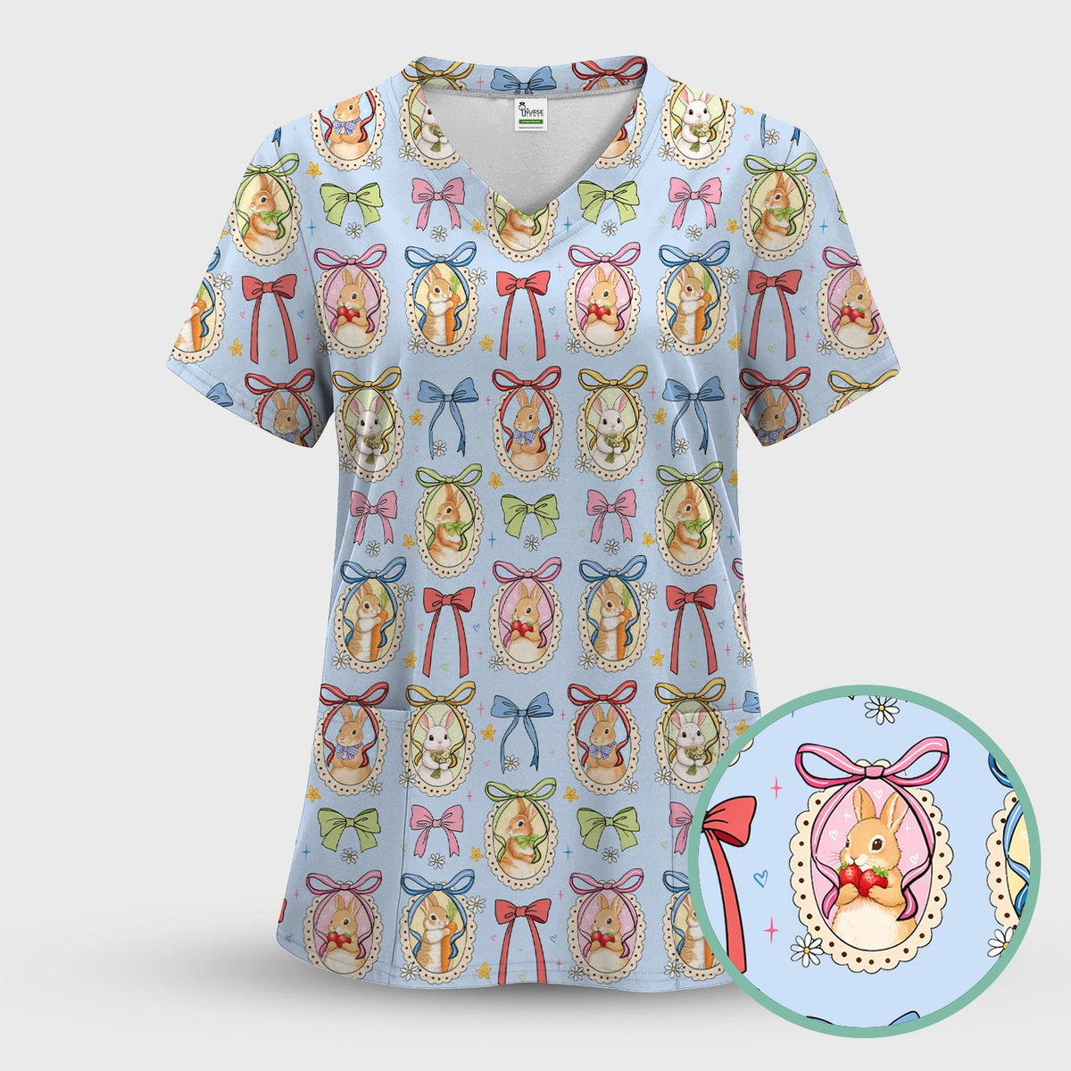 Bunny Cameo Bow Nurse Scrub Set - Easter Gift