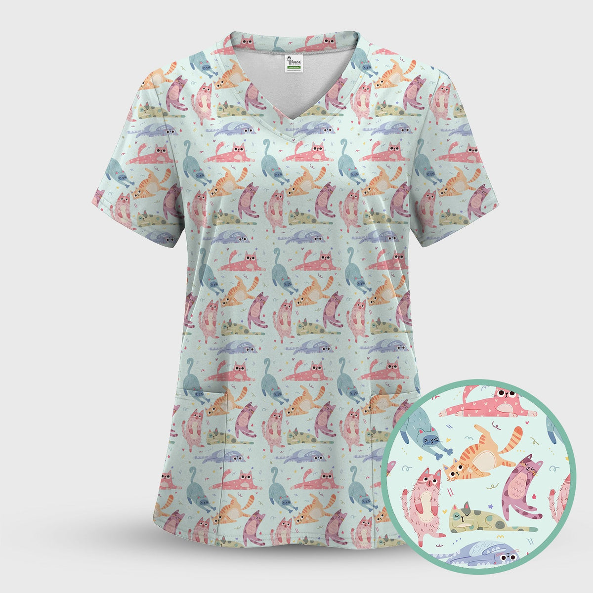 Funny Pastel Cat Pattern Medical Scrub Set, Breathable Fabrics Nursing Uniform