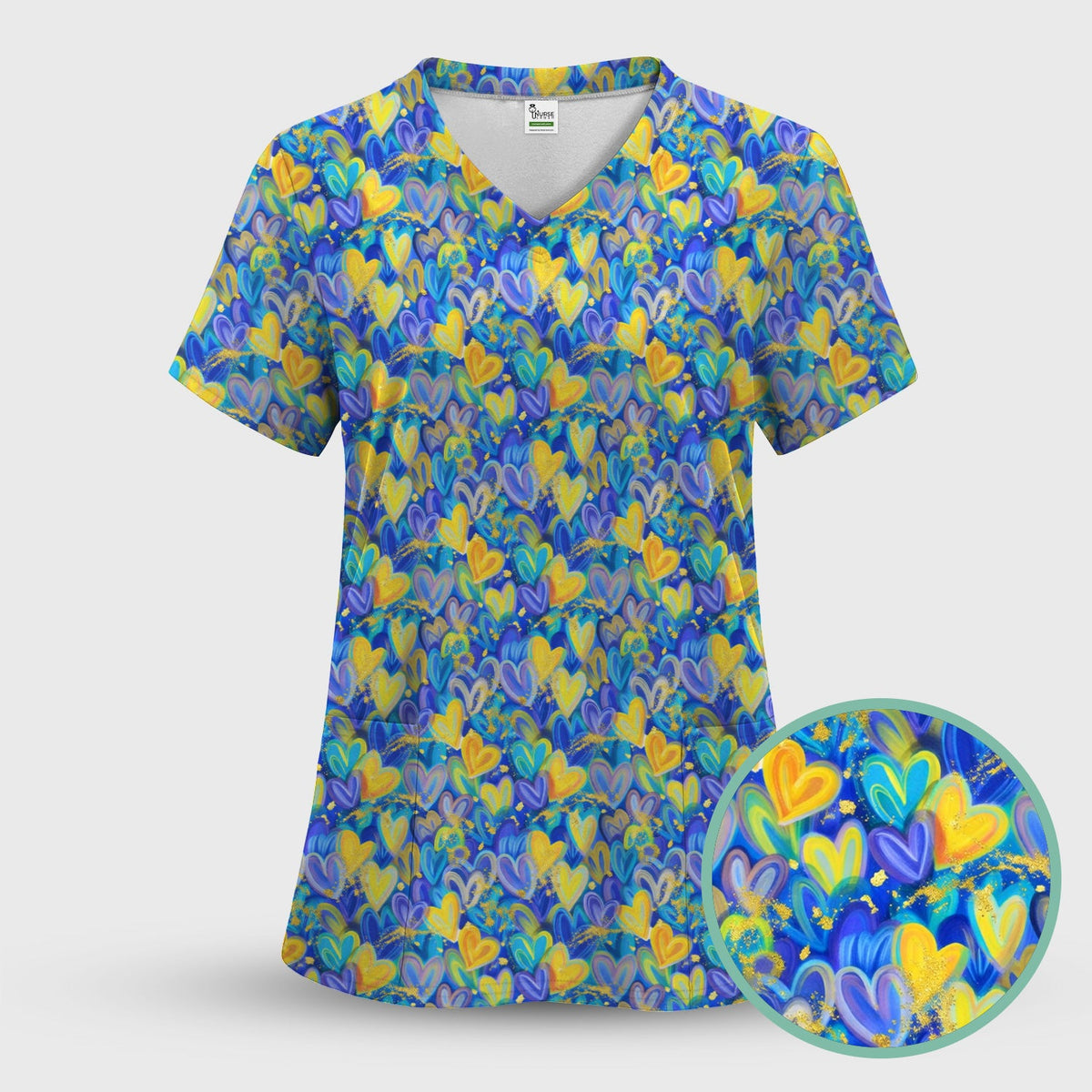 Blue Yellow Layered Heart Nurse Scrub Set