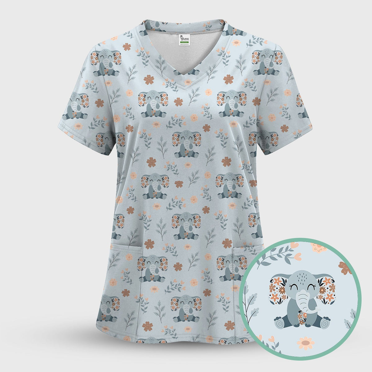 Cute Elephant Floral Print Scrub Set, Scrub Pants and V Neck Top