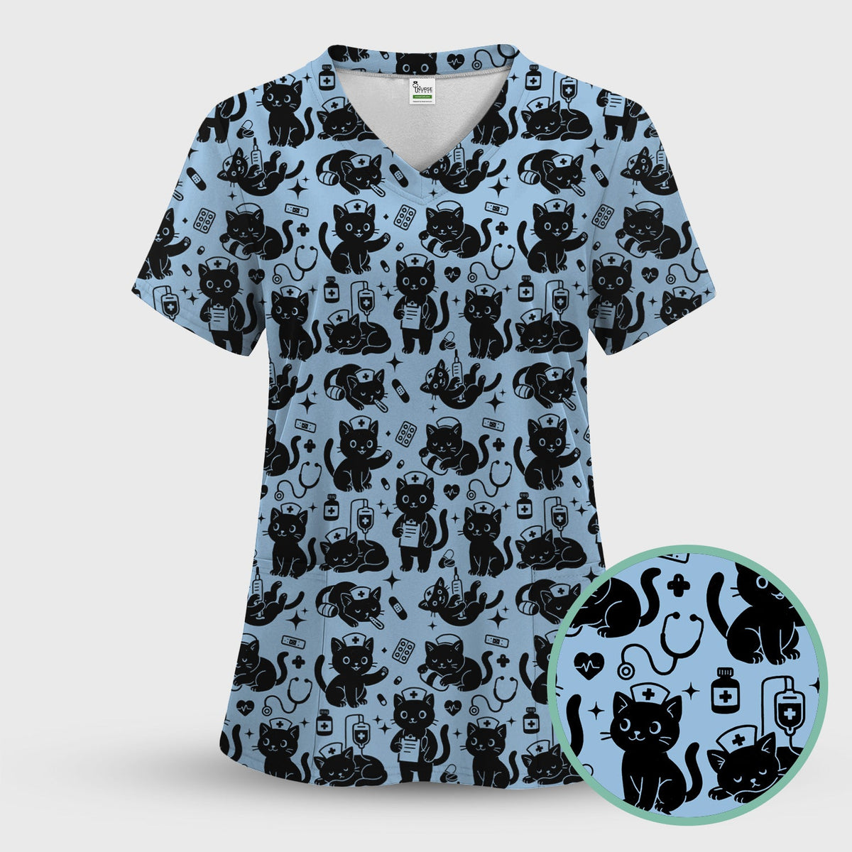 Cute White Black Cat Nurse Scrub Set