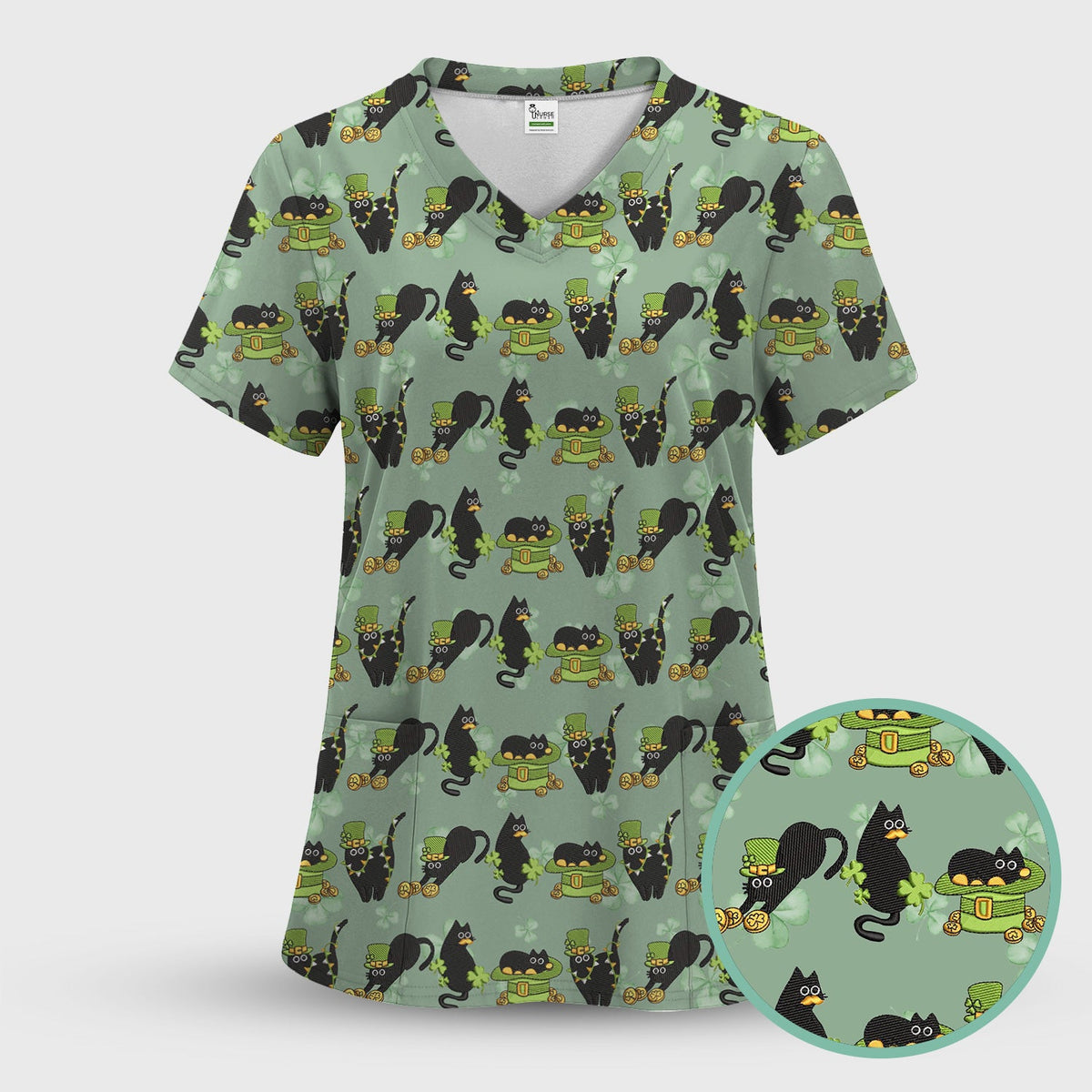 St Patrick Black Cat Clover Nurse Scrub Set