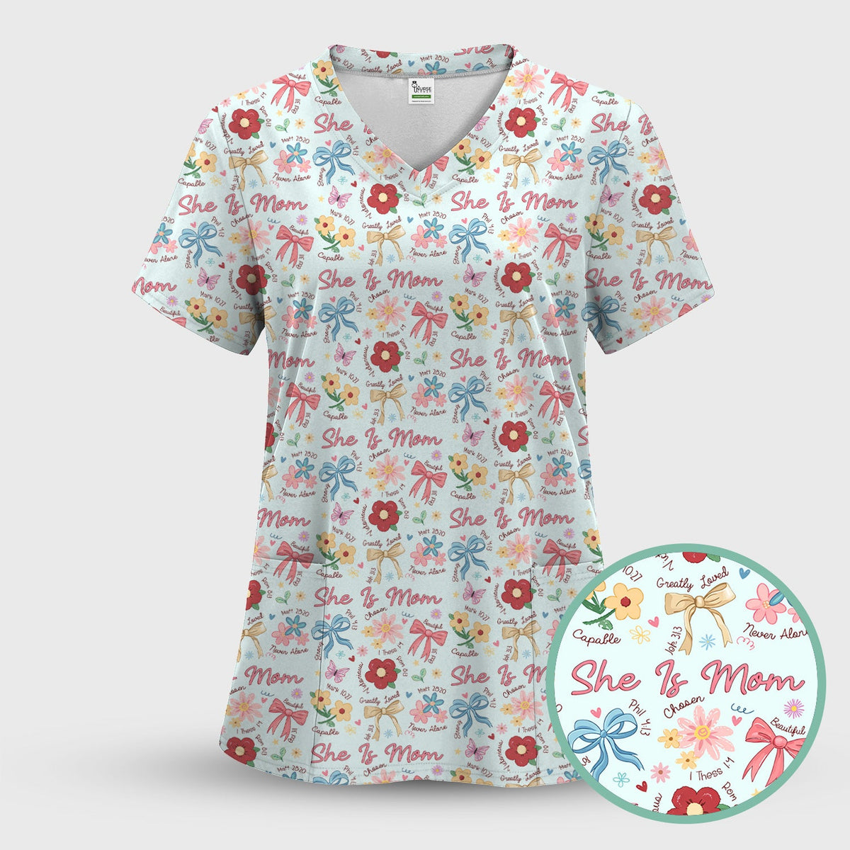 She Is Mom Flower Bow Nurse Scrub Set