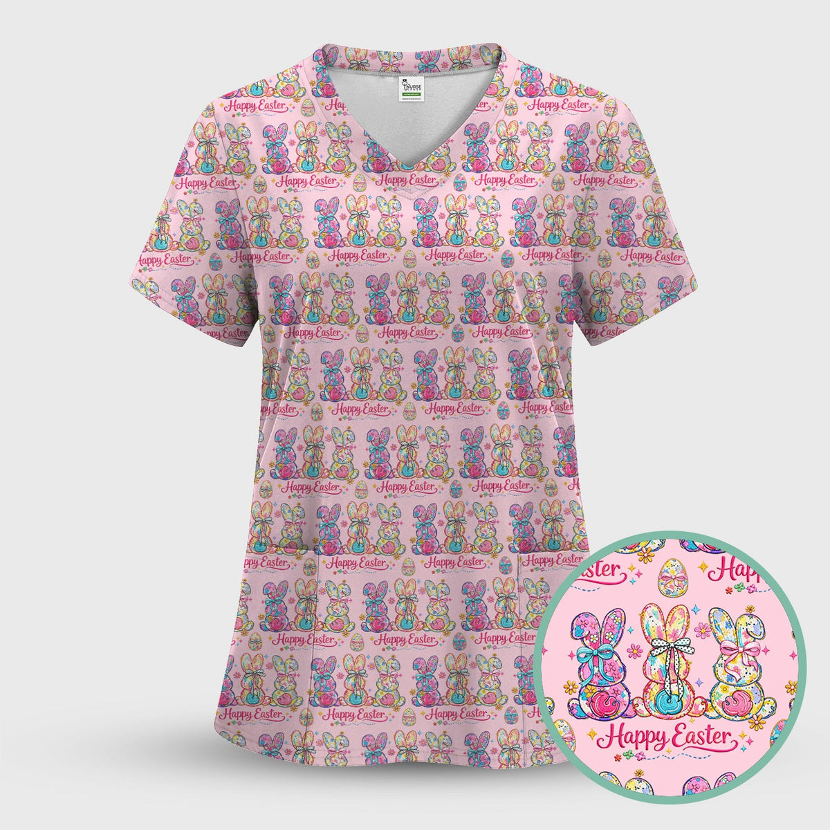 Pink Happy Easter Bunny Pattern Scrub Top, Comfortable Scrubs for Nurses