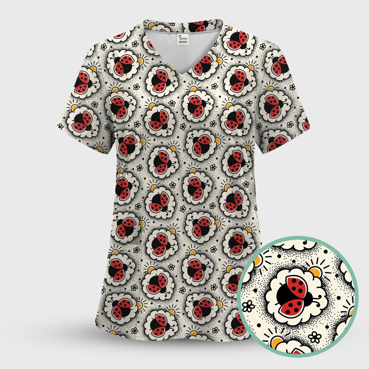 Ladybug Floral Frame Nurse Scrub Top