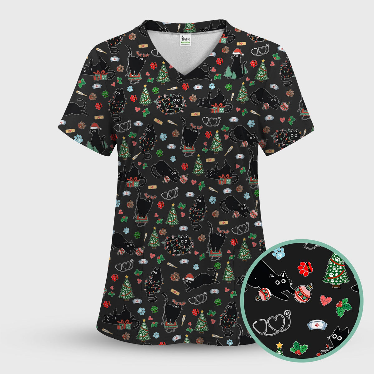 Black Cat Christmas Nurse Scrub Set, Festive Kitty Medical Uniform for Women