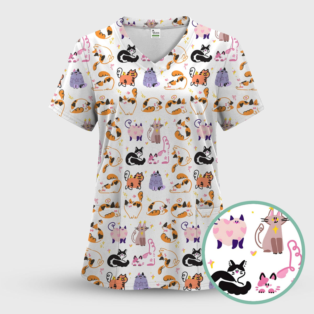 Funny Cat Pattern Scrub Top, Cute Cats Nursing Uniform For Women
