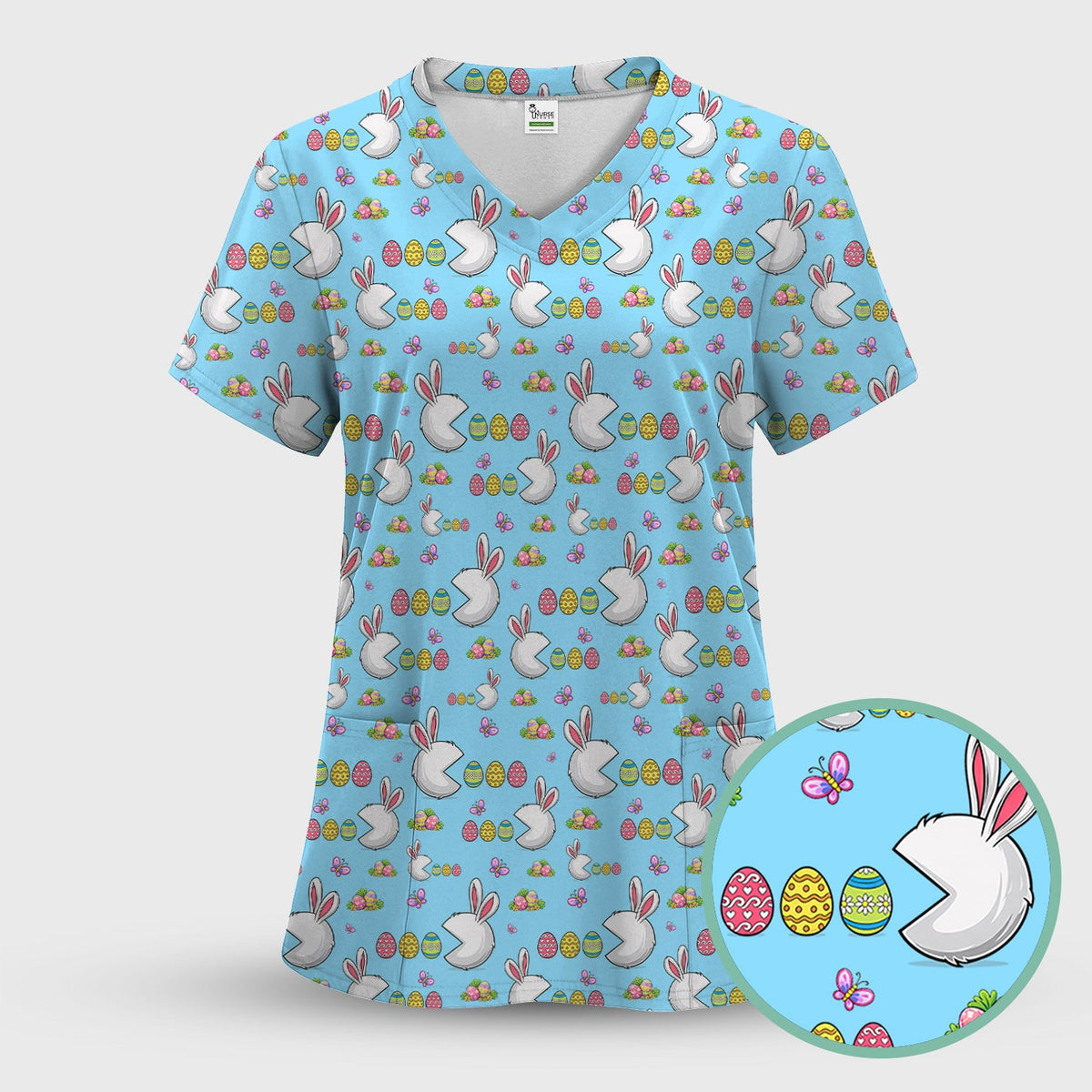 Easter Bunny and Colorful Eggs Print Scrub Top, Breathable Fabrics Nursing Uniform