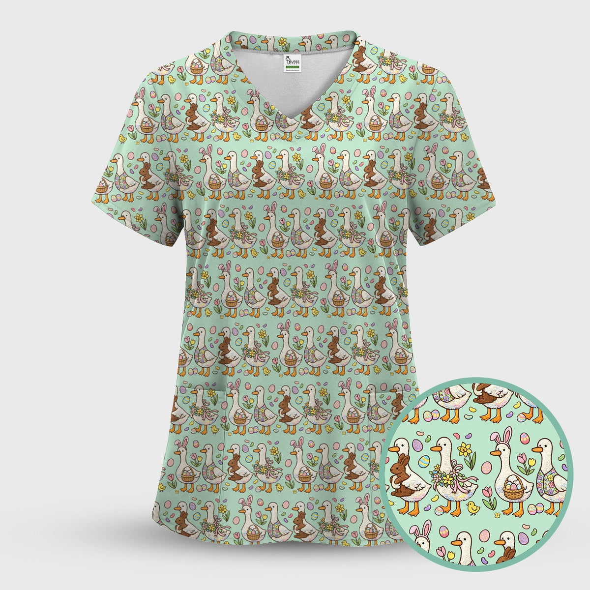 Duck Bunny Egg Floral Nurse Scrub Top - Easter Gift