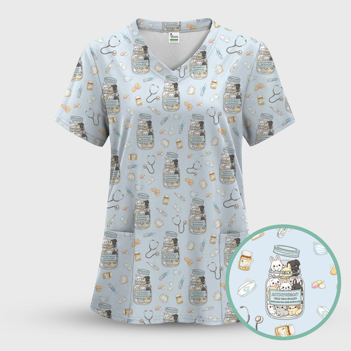 Whimsical Antidepressant Rabbit Jar Nurse Scrub Set