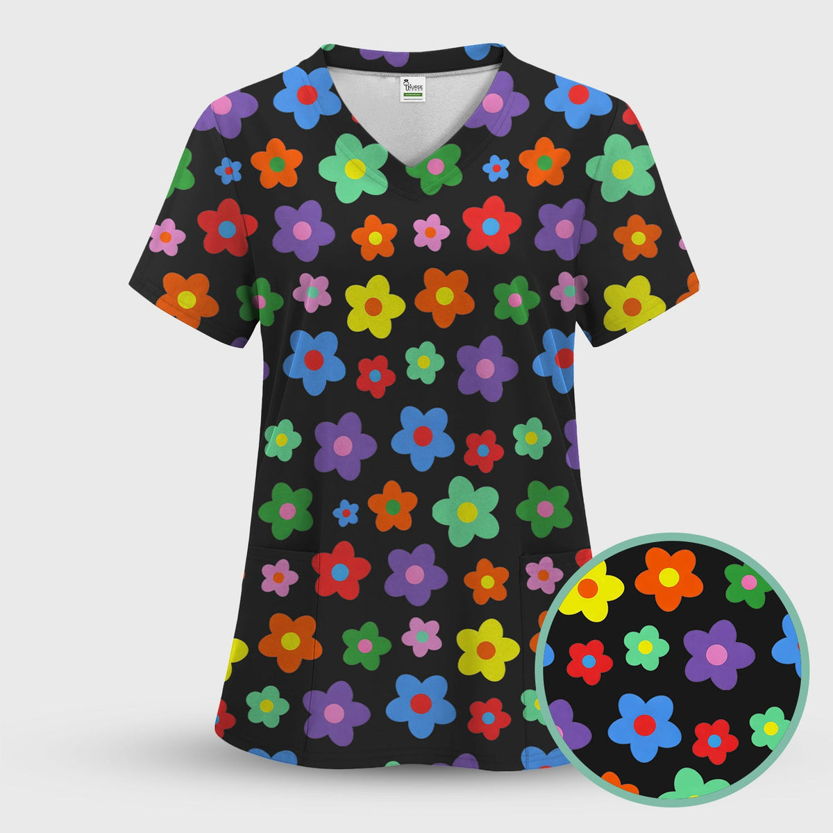 Colorful Retro Flower Nurse Scrub Top