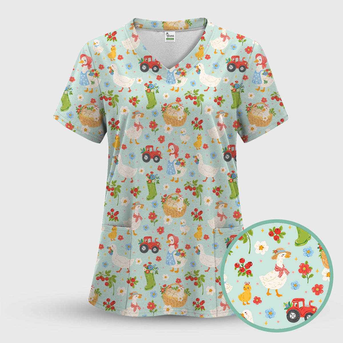 Farm Duck Chicken Tractor Flower Basket Nurse Scrub Top
