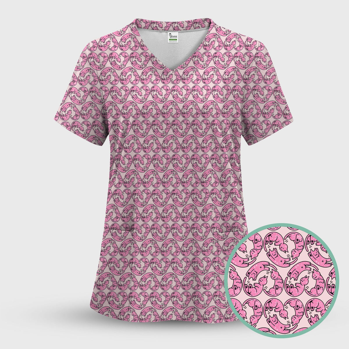Pink Cat Cartoon Nurse Scrub Set