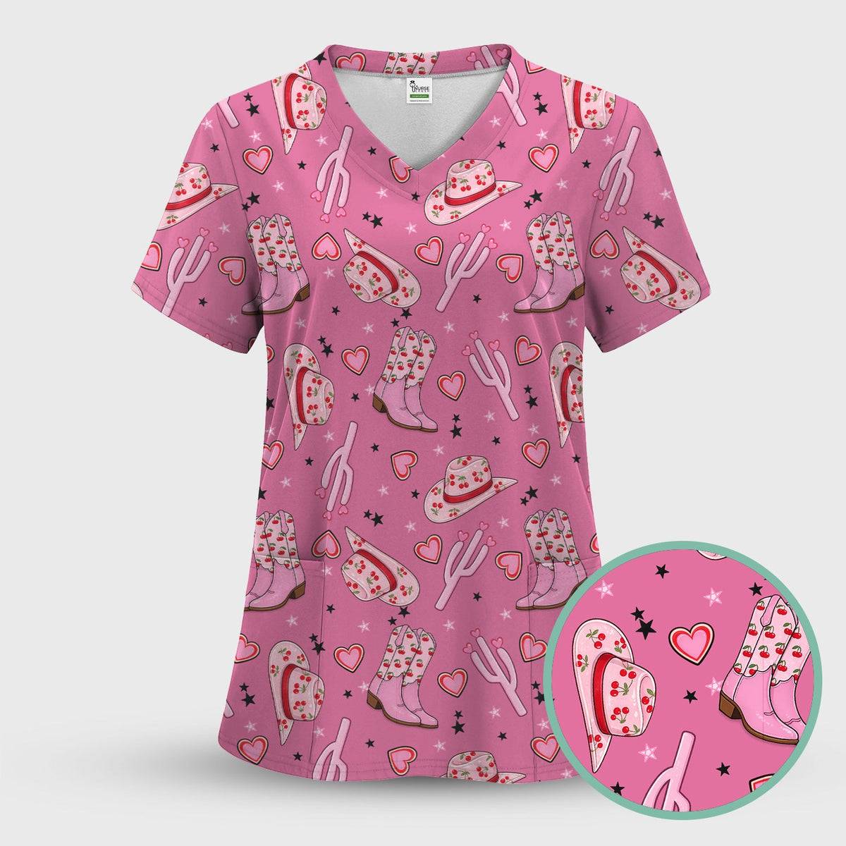 Pink Cowgirl Western Boots Hat Pattern Scrub Set, Scrub Pants and V Neck Top