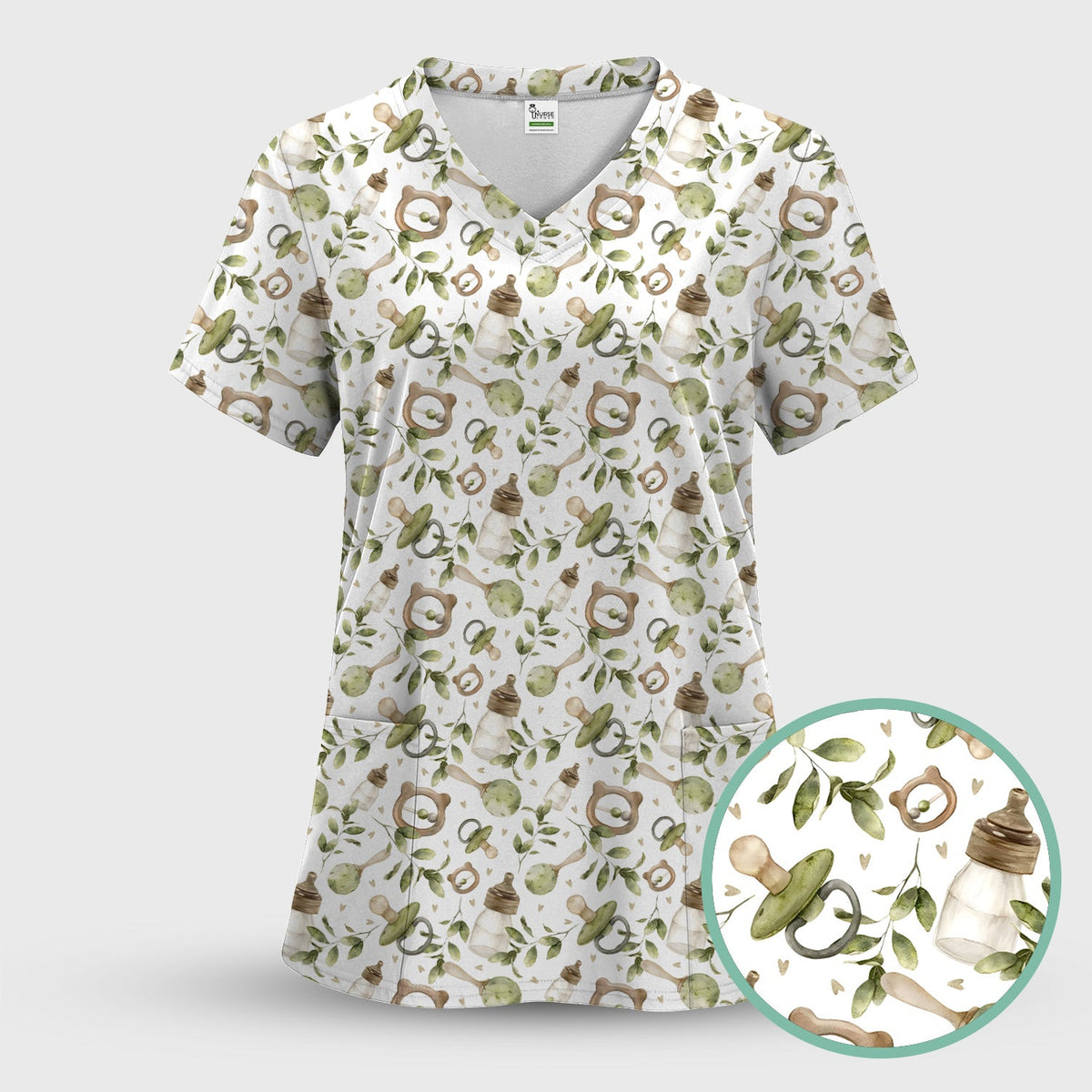 Cute Baby Bottle Greenery Nurse Scrub Set