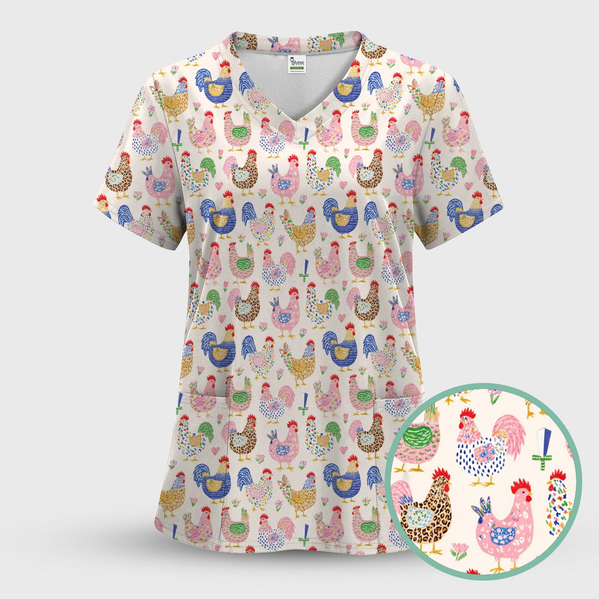 Colorful Chicken Farm Pattern Scrub Top, Breathable Fabrics Nursing Uniform