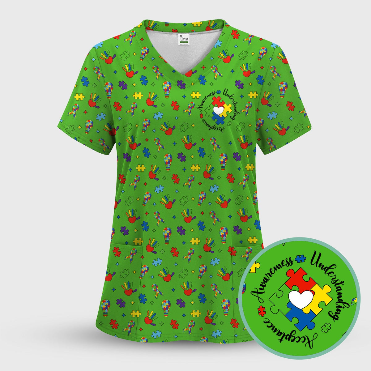Autism Awareness Colorful Puzzle Nurse Scrub Set