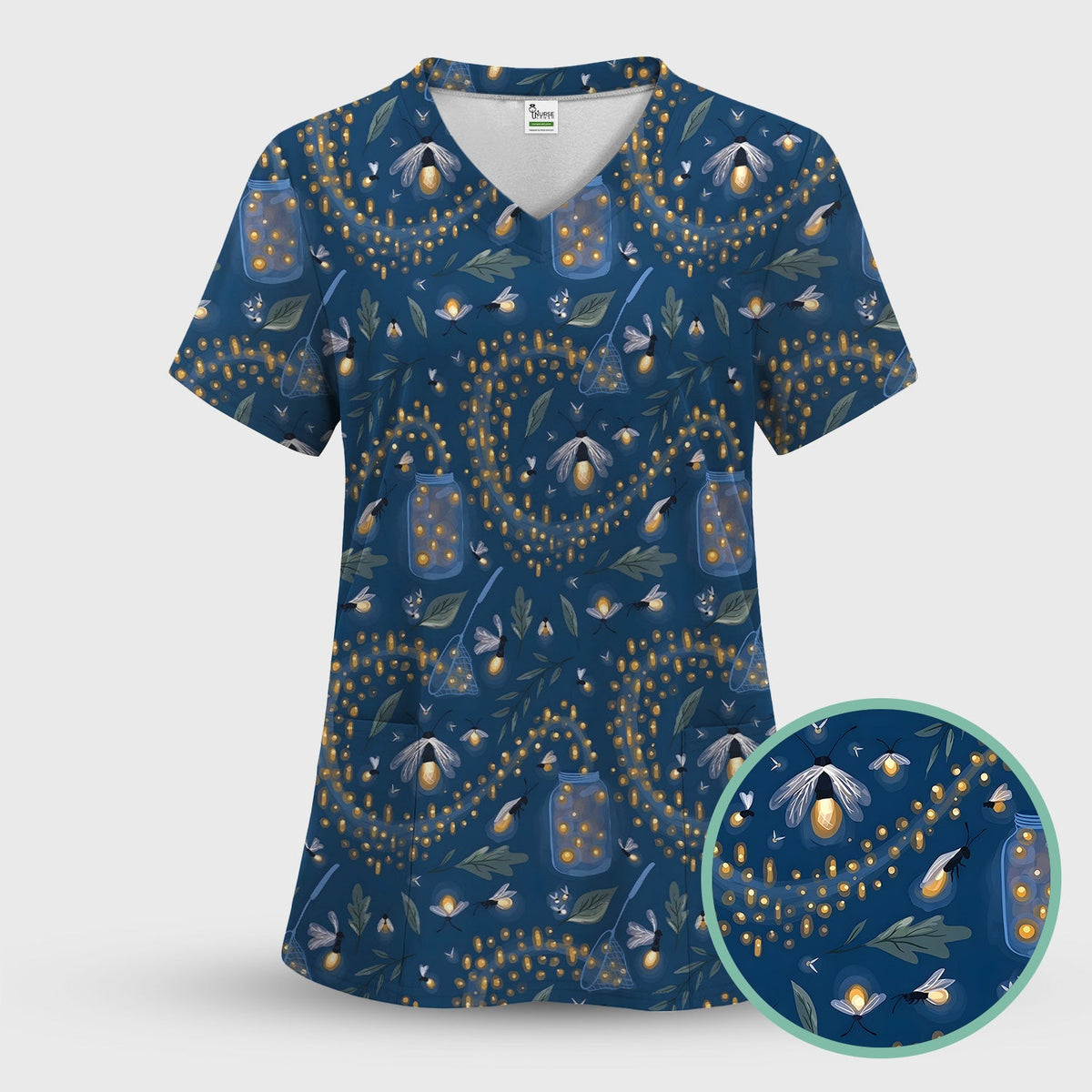 Cute Nurse Firefly Pattern Scrub Set, Scrub Pants and V Neck Top