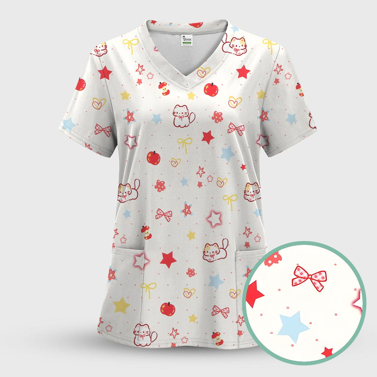 Kawaii Cat Bow Star Nurse Scrub Top
