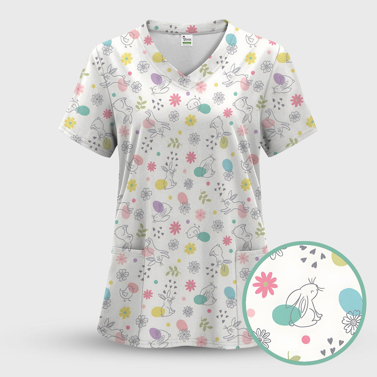 Whimsical Easter Bunny Eggs Nurse Scrub Top
