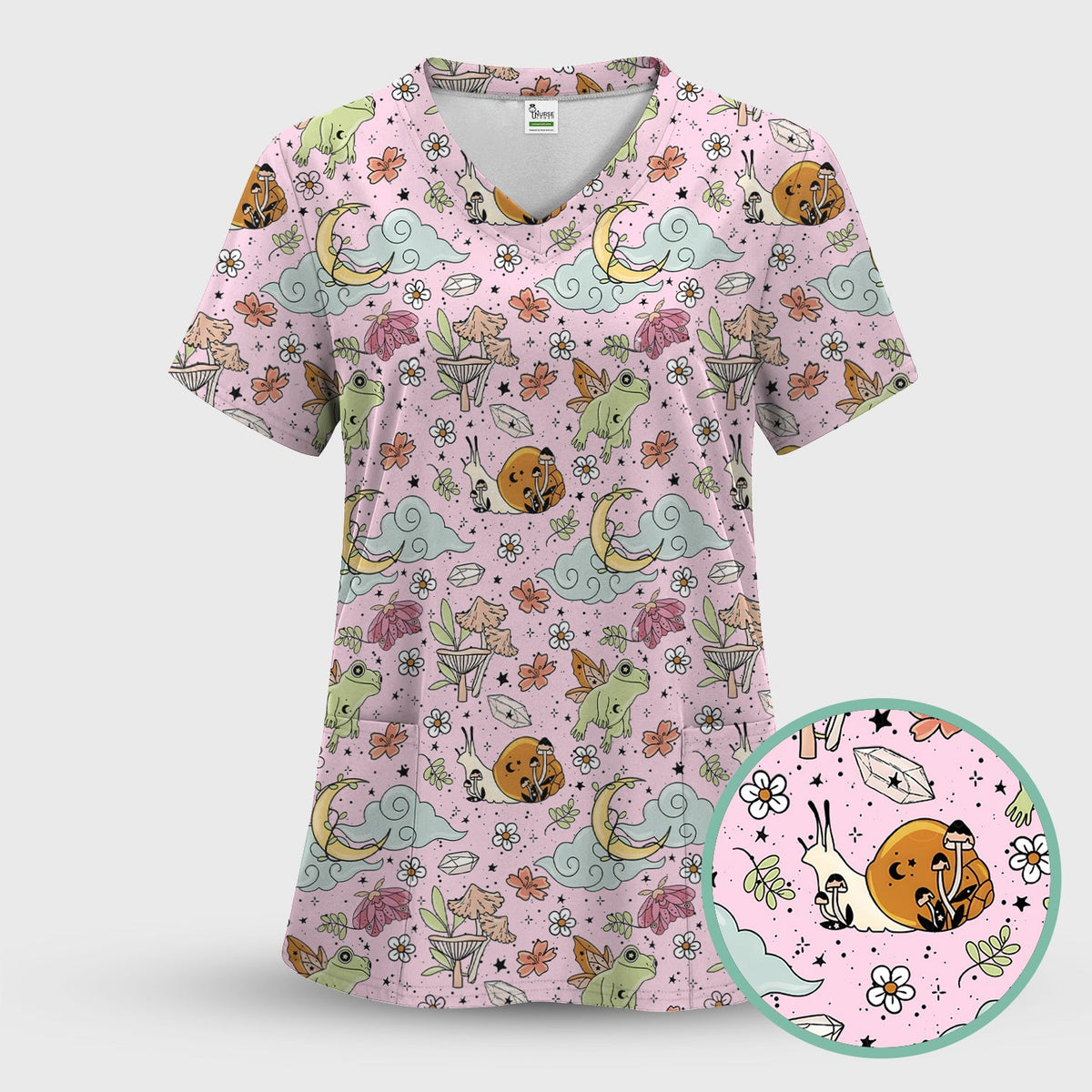 Whimsical Frog Moon Mushroom Nurse Scrub Top
