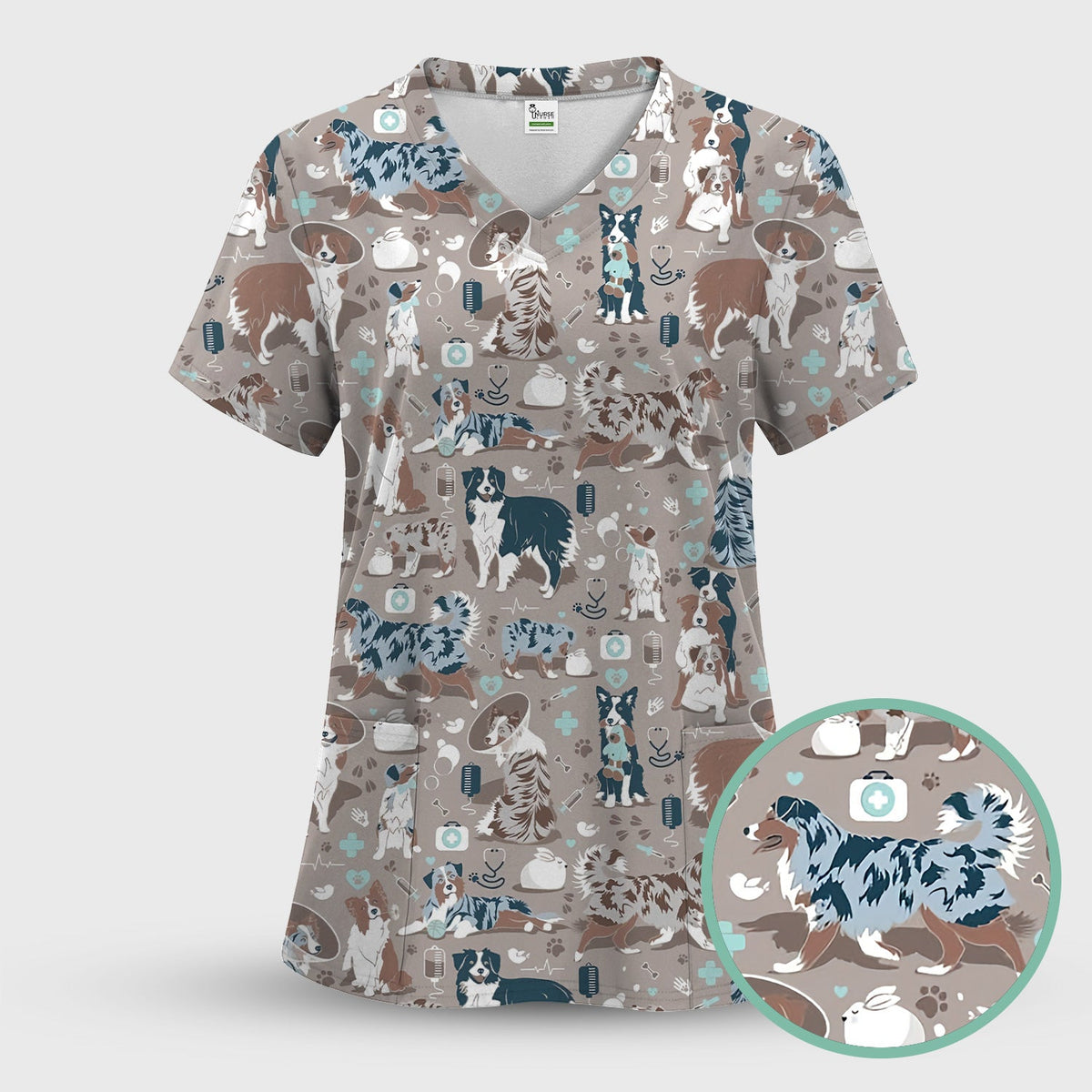 Cute Dog Pattern Women's Veterinary Scrub Set, Scrub Pants and V Neck Top