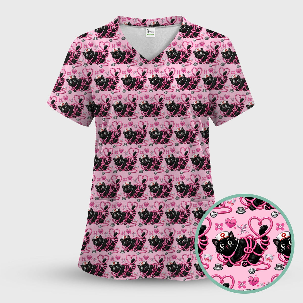 Valentine Cat Nurse Heart Scrub Top